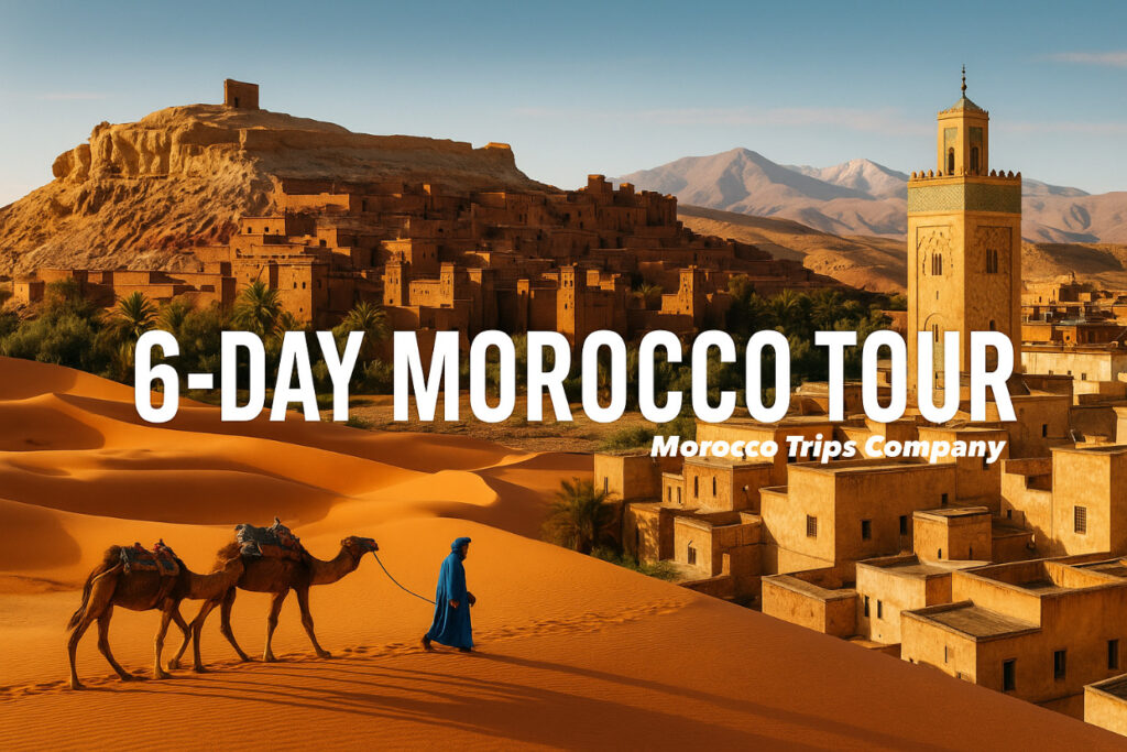 Camel caravan crossing the Sahara Desert at sunset, with a view of a traditional Moroccan medina and a historic kasbah near the Atlas Mountains — promotional image for the 6-Day Morocco Tour by Morocco Trips Company 2026