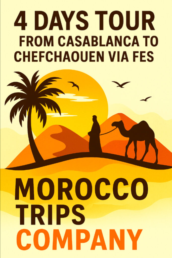 Experience the beauty of Chefchaouen, one of northern Morocco’s most stunning cities, on this 4 days tour from Casablanca via Fes. Begin your journey by exploring iconic landmarks such as the Hassan II Mosque, the historic Medina of Fes, the Blue Pearl of Morocco — Chefchaouen, and the ancient Kasbah of the Udayas. You'll also discover the archaeological wonders of Volubilis and the majestic Bab El-Mansour gate in Meknes
